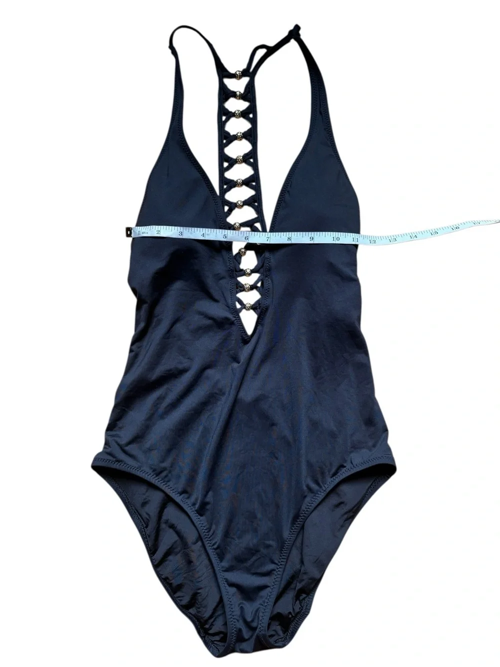 Trina Turk Black Lace-Up Gold Detail Plunge High-Cut One-Piece Swimsuit